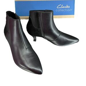 Clarks Collection Kepley Erin Black Leather Ankle Booties Pointed Toe NIB 7.5